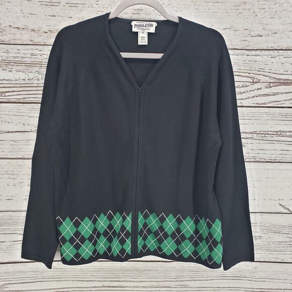 Pendleton Women's Black Green Knit Argyle Silk Blend Full Zip Sweater Size 1X - Picture 1 of 12